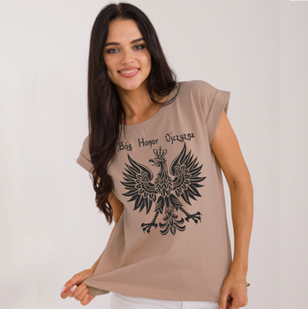 Ciemnobeżowa koszulka damska Patriotyczna - Godło Bóg Honor Ojczyzna