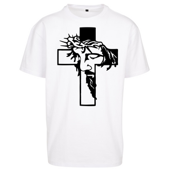 Biały t-shirt męski z nadrukiem Twarz Chrystusa w Krzyżu
