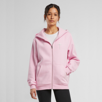 Różowa bluza damska rozpinana z haftem Krzyża