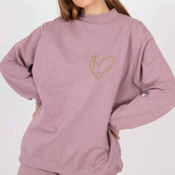 Stylowa Oversize Bluza Damska w Pudrowym Różu Serce z Napisem Jezus (przesłanie kolor złoty mat)