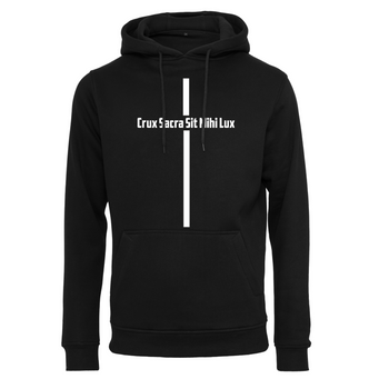 Wysokogatunkowa czarna bluza męska z kapturem - Krzyż Święty będzie mi światłem (Crux Sacra sit mihi lux)