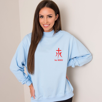 Błękitna bluza damska oversize z logo ku Bogu