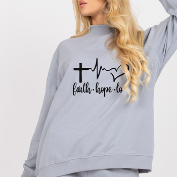 Modna bluza damska oversize w kolorze szarym - z czarnym nadrukiem Faith hope love