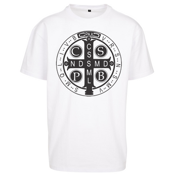 Biała koszulka męska z nadrukiem Krzyż Świętego Benedykta