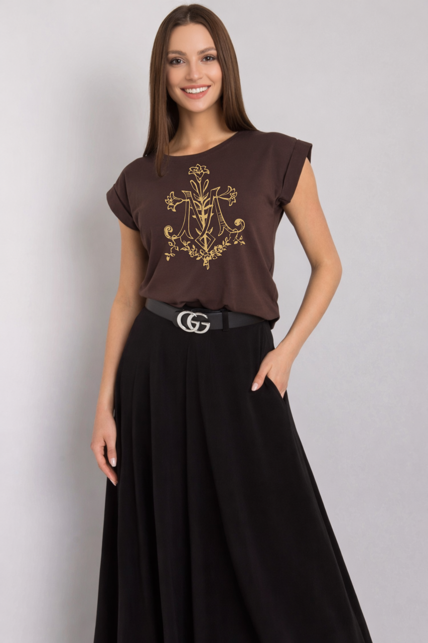 brązowa damska koszulka katolicka chrzescijanska Maryja lilje.png