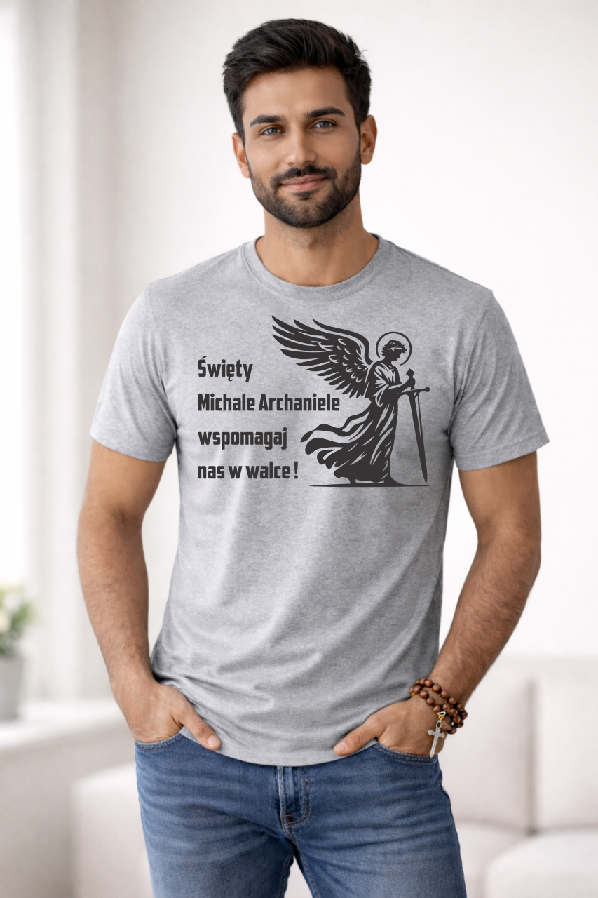 szara męska koszulka katolicka chrzescijanska michal archaniol modlitwa.png
