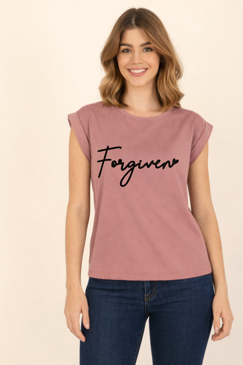 pudrowy róż damska koszulka katolicka chrzescijanska forgiven przebaczenie.png