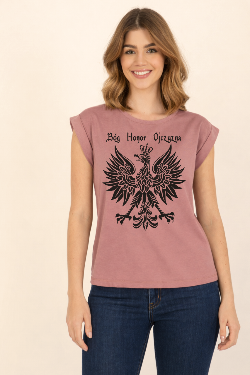 pudrowy róż damska koszulka katolicka chrzescijanska godło bóg honor ojczyzna.png