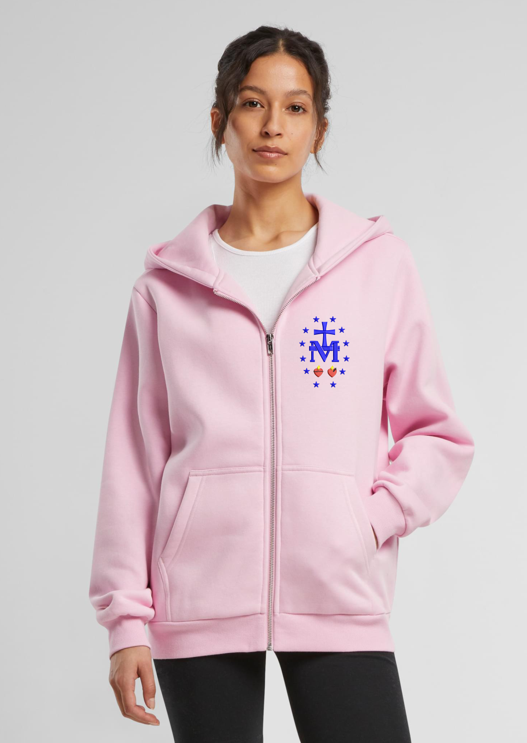 rozpinana bluza damska z kapturem różowa z haftem cudowny medalik.png