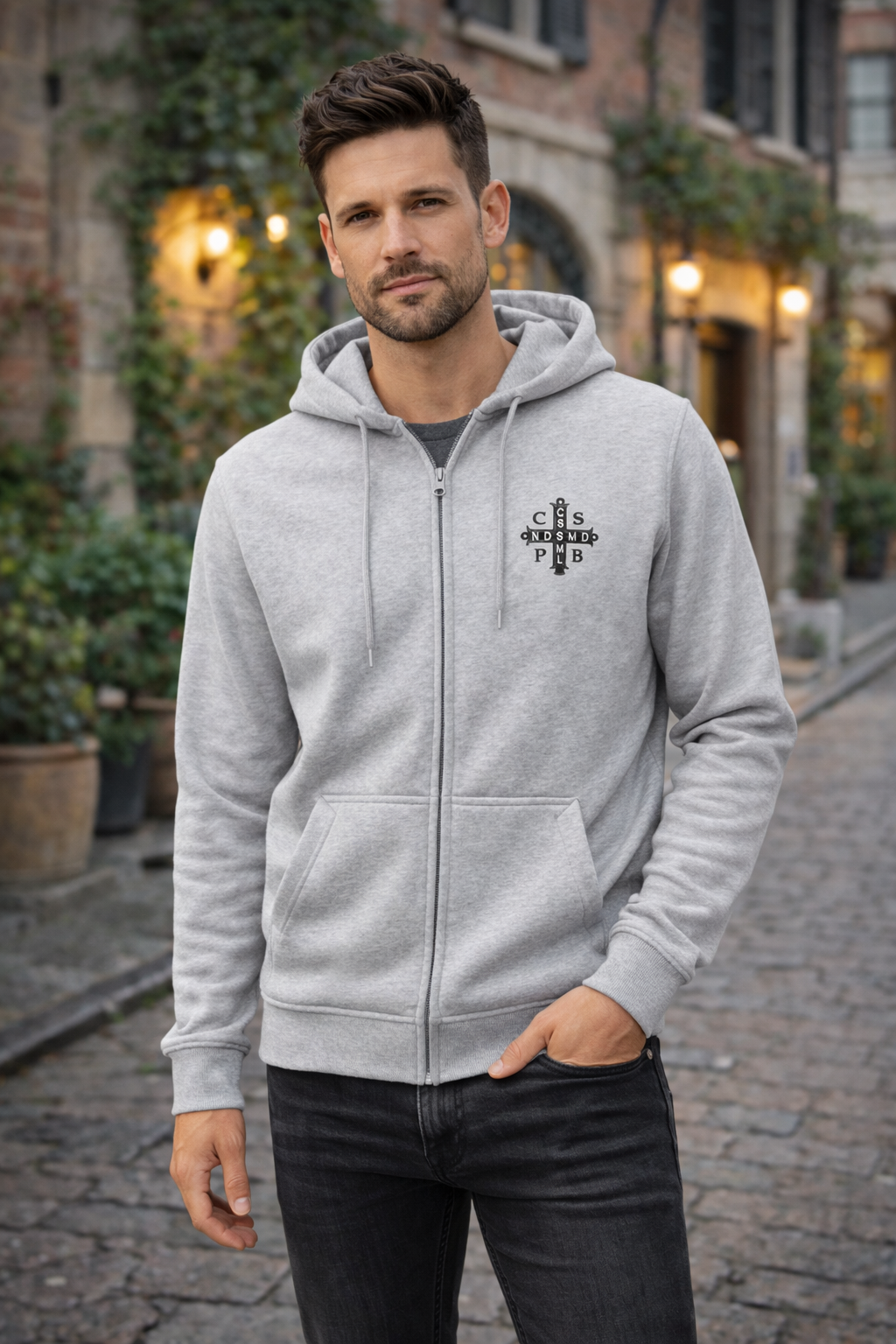 Chrześcijańska rozpinana szara bluza męska z haftem medalik świętego Benedykta.png