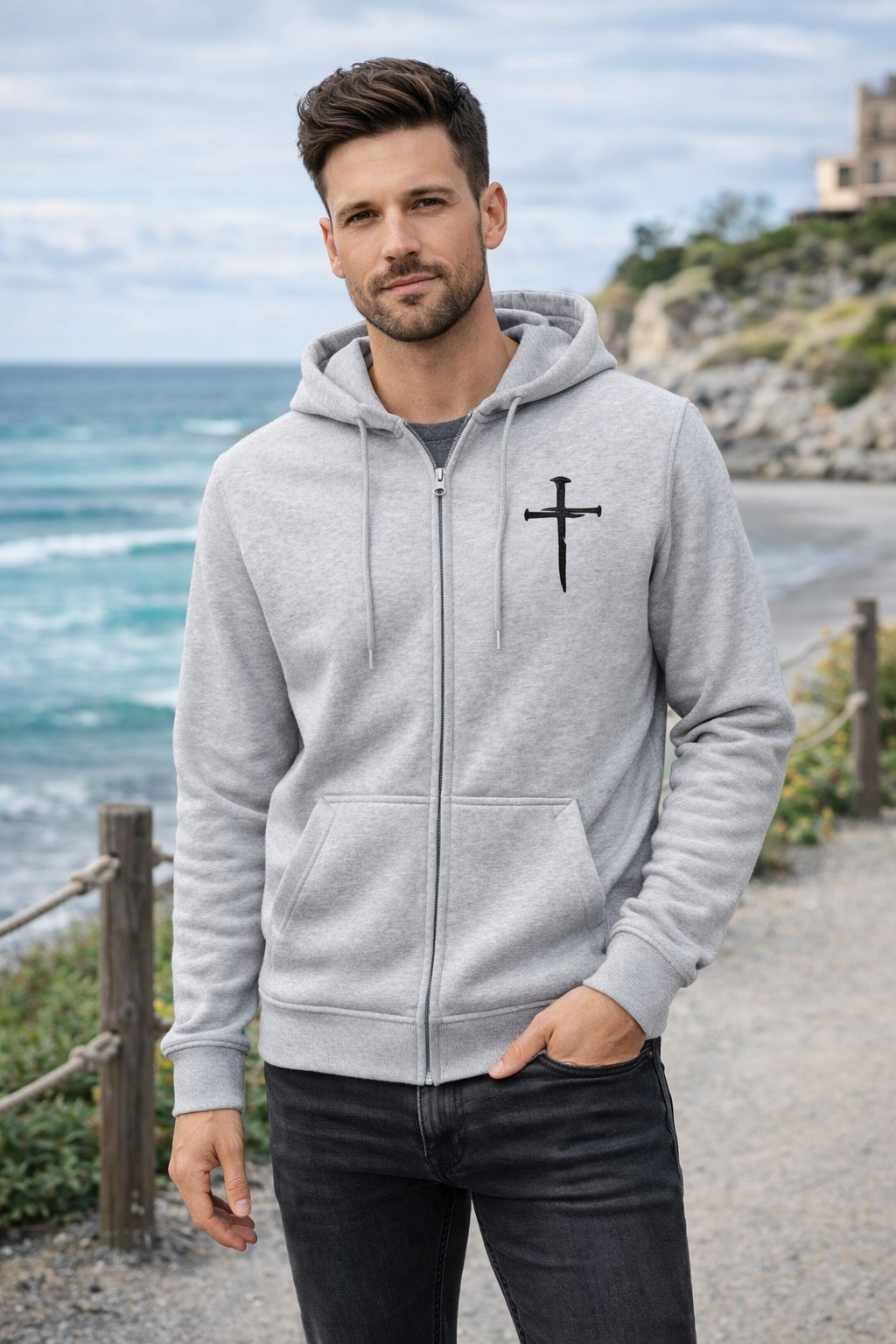 Chrześcijańska rozpinana szara bluza męska z haftem Krzyża Świętego.png
