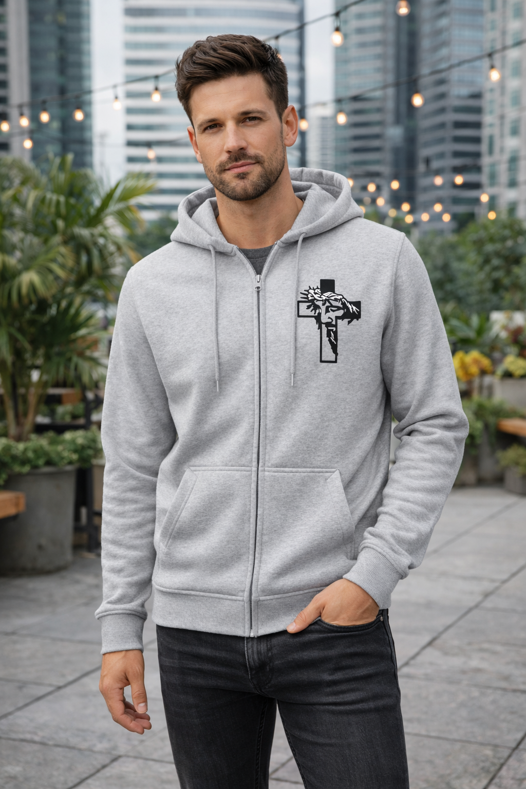 Chrześcijańska rozpinana szara bluza męska z haftem Twarz Chrystusa w Krzyżu.png