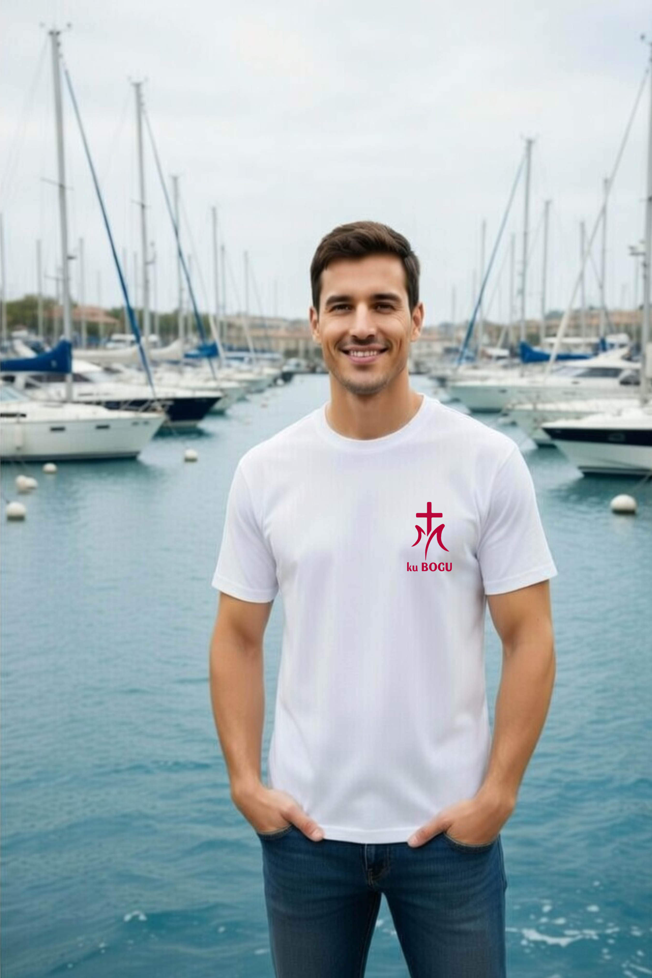 męska biała koszulka katolicka z nadrukiem ku bogu.png