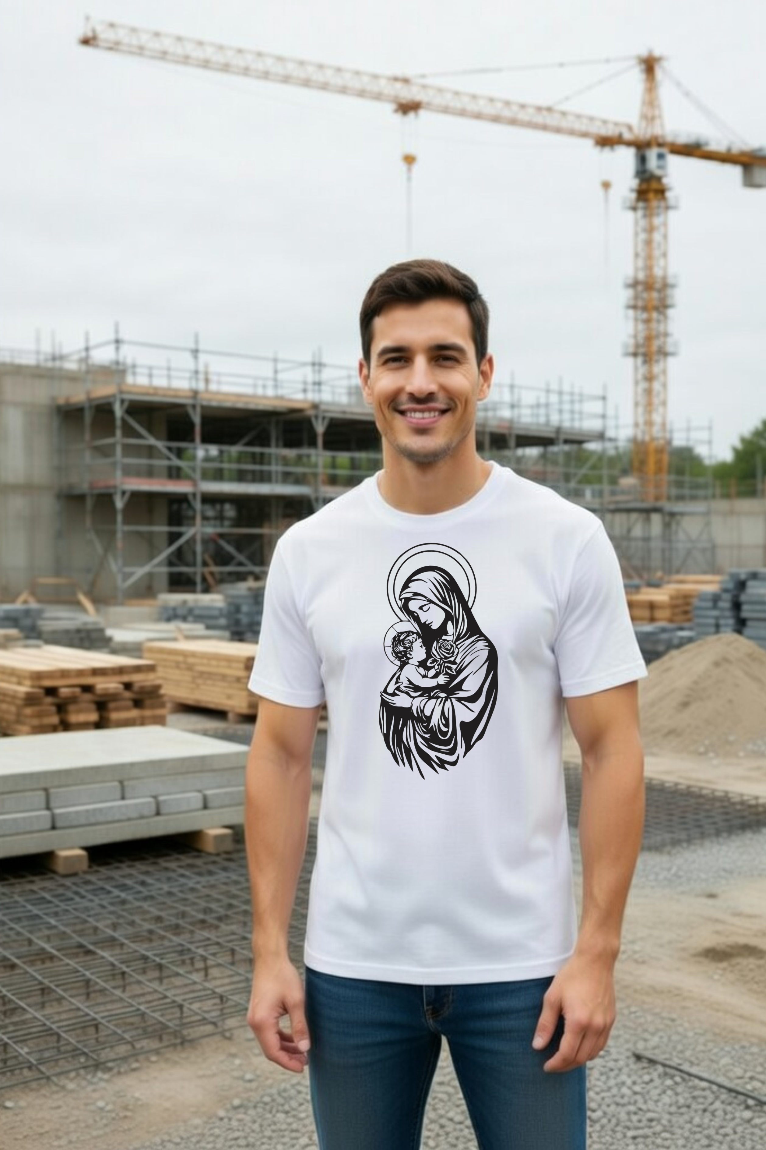 męska biała koszulka katolicka z nadrukiem Maryja z dzieciątkiem Jezus.png