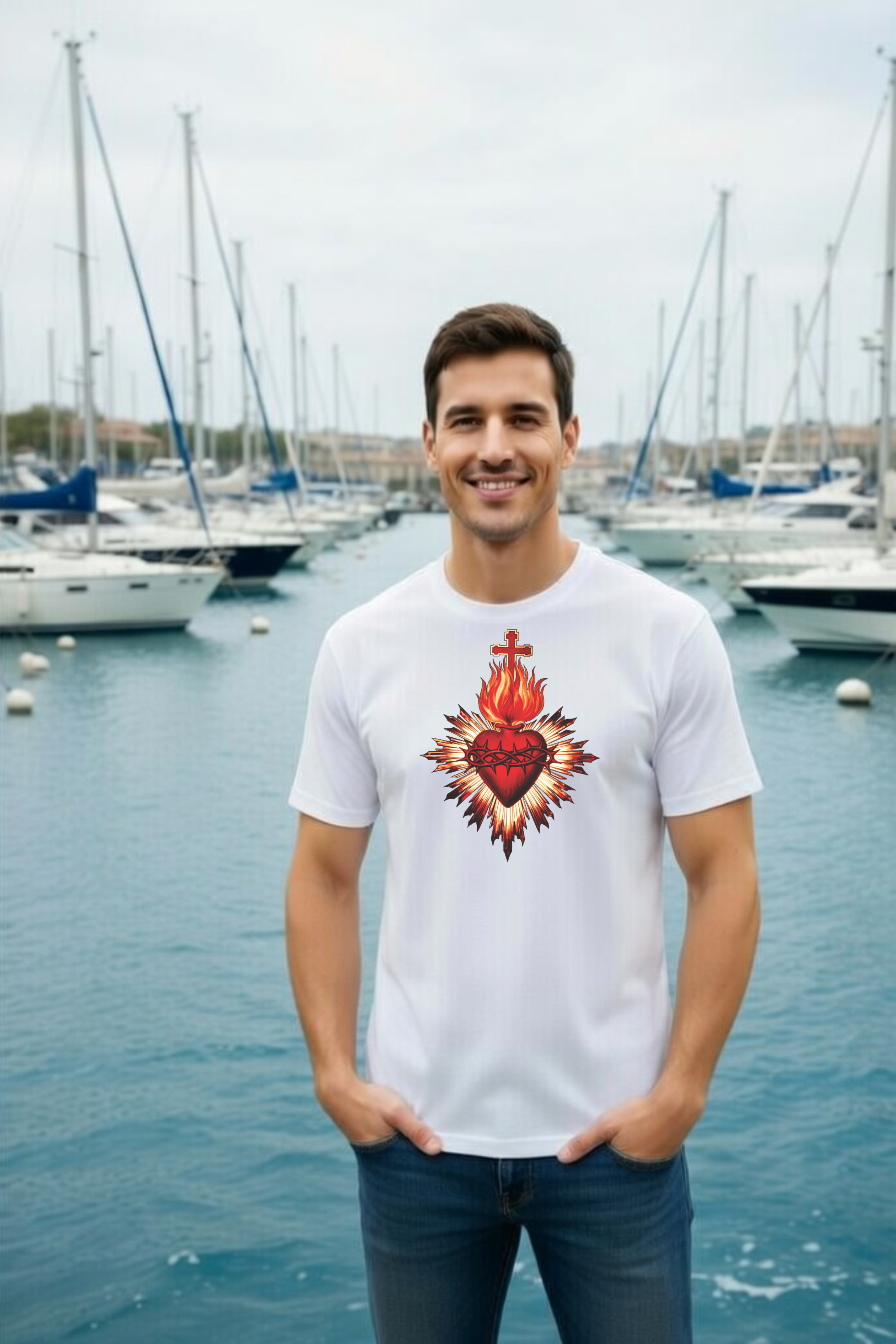 męska biała koszulka katolicka z nadrukiem najświętsze serce jezusa sacre coeur.png