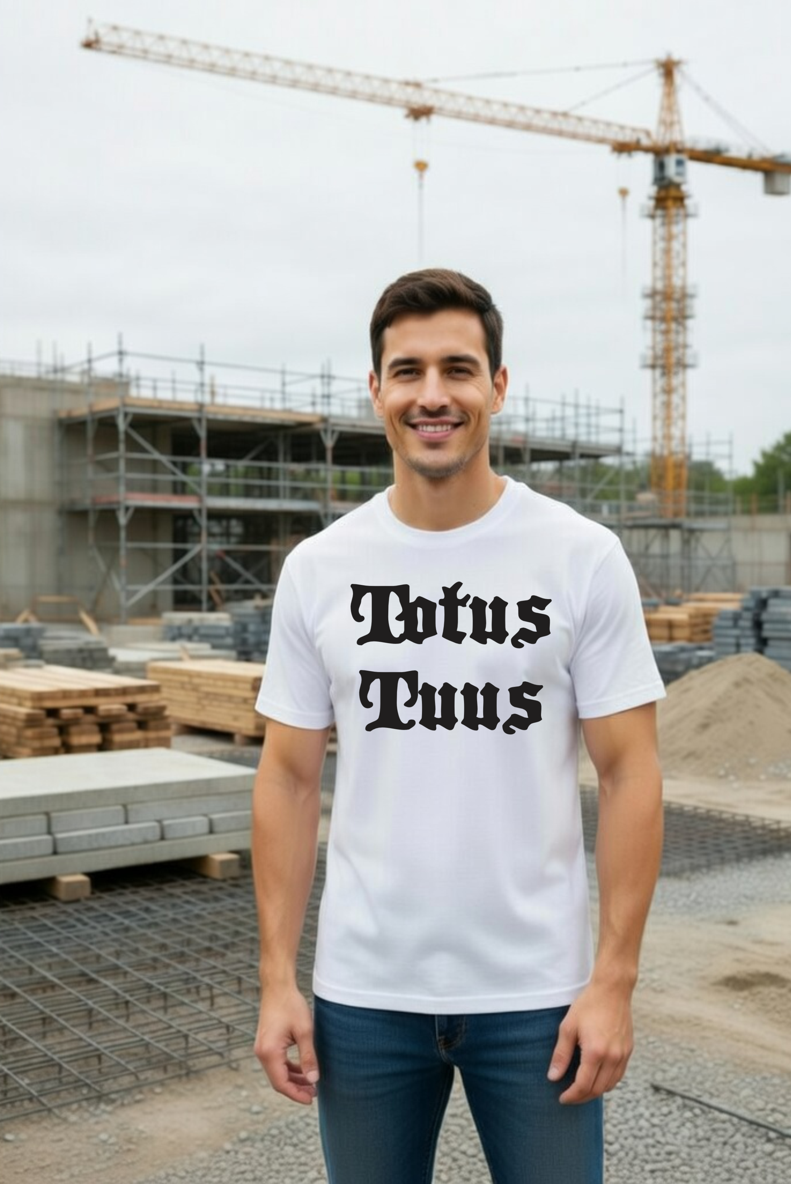 męska biała koszulka katolicka z nadrukiem totus tuus cały twój.png