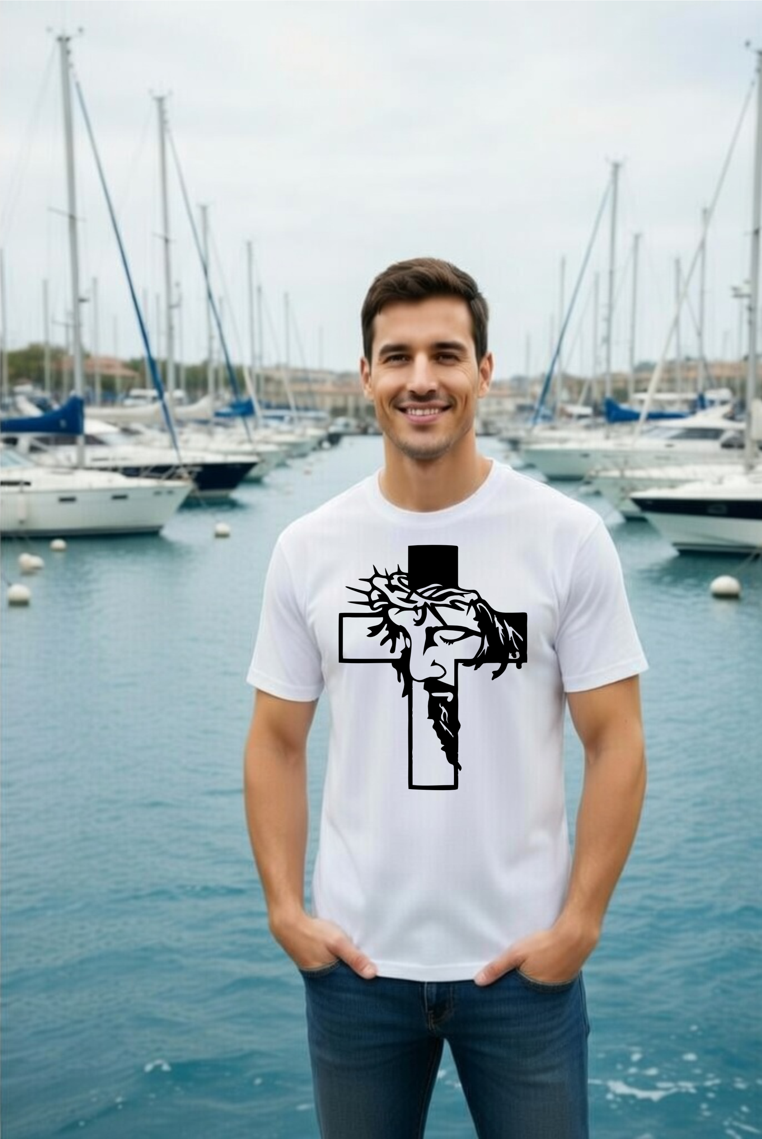 męska biała koszulka katolicka z nadrukiem twarz chrystusa w krzyżu.png