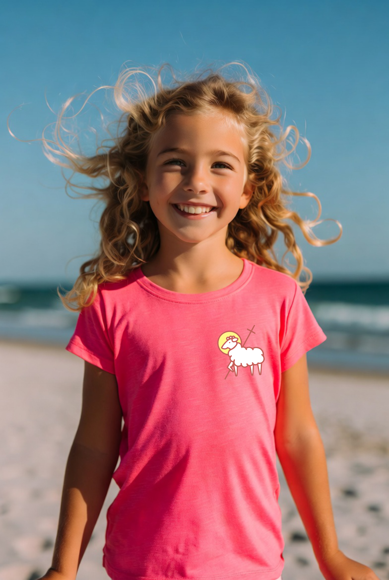 dziecięca różowa koszulka chrześcijańska z nadrukiem Baranek Boży.png