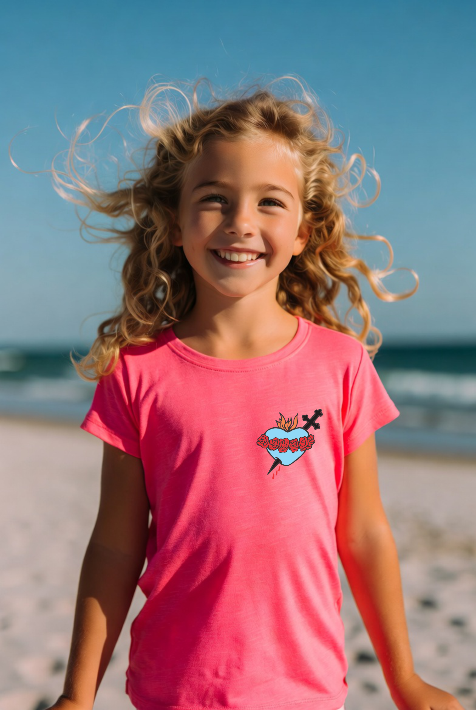 dziecięca różowa koszulka chrześcijańska z nadrukiem niepokalane serce maryi.png