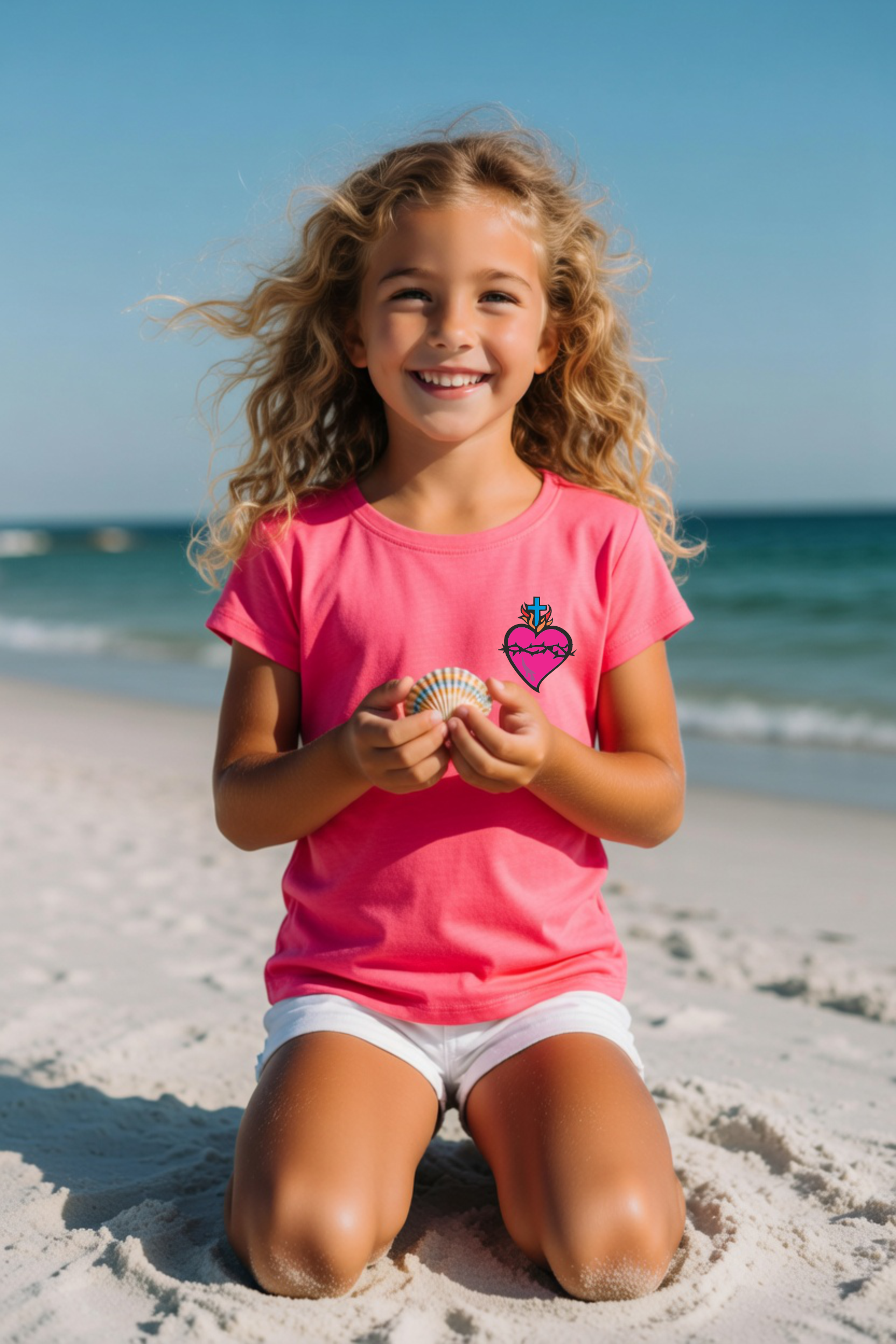dziecięca różowa koszulka chrześcijańska z nadrukiem różowe serce Pana Jezusa.png