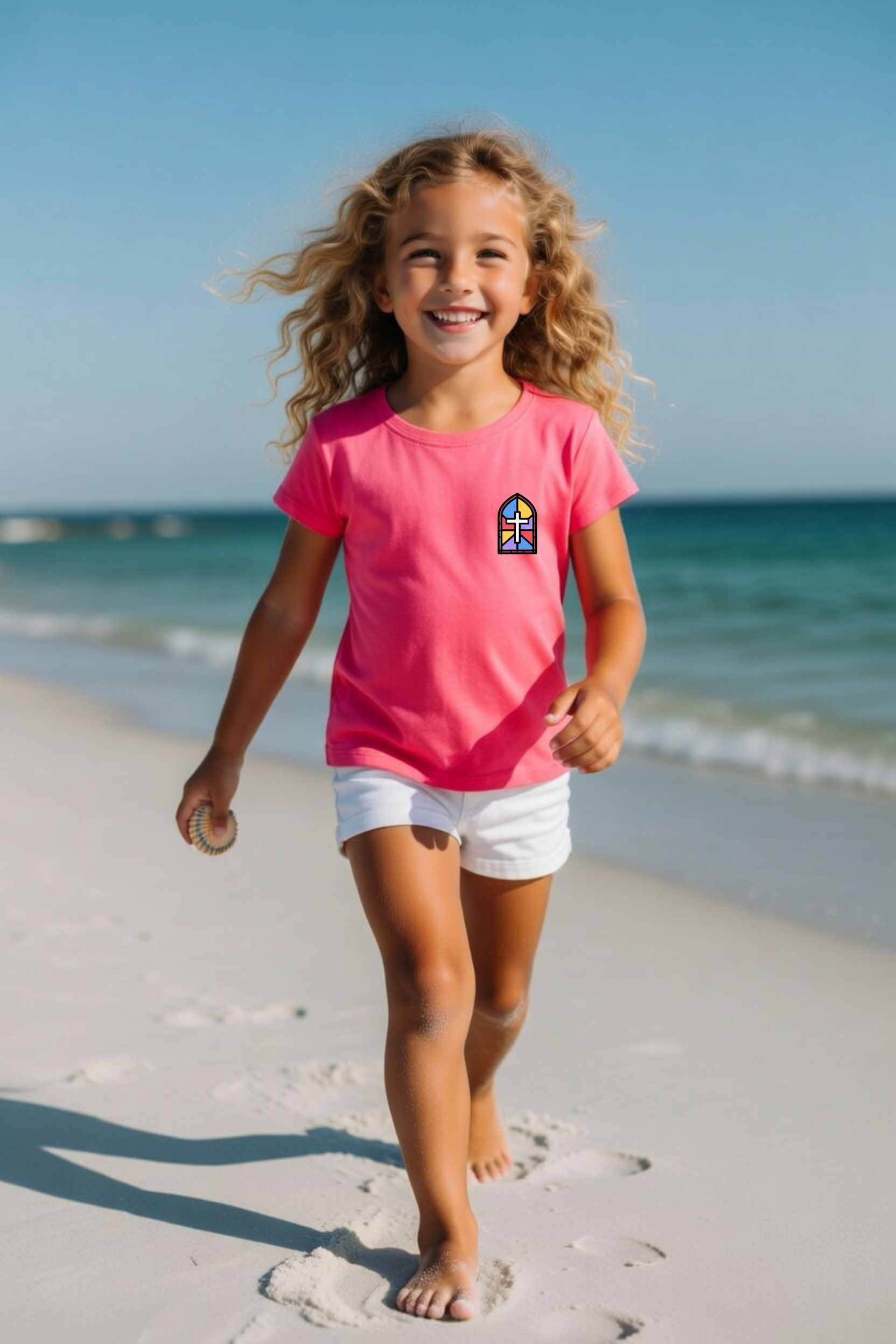 dziecięca różowa koszulka chrześcijańska z nadrukiem witraż.png