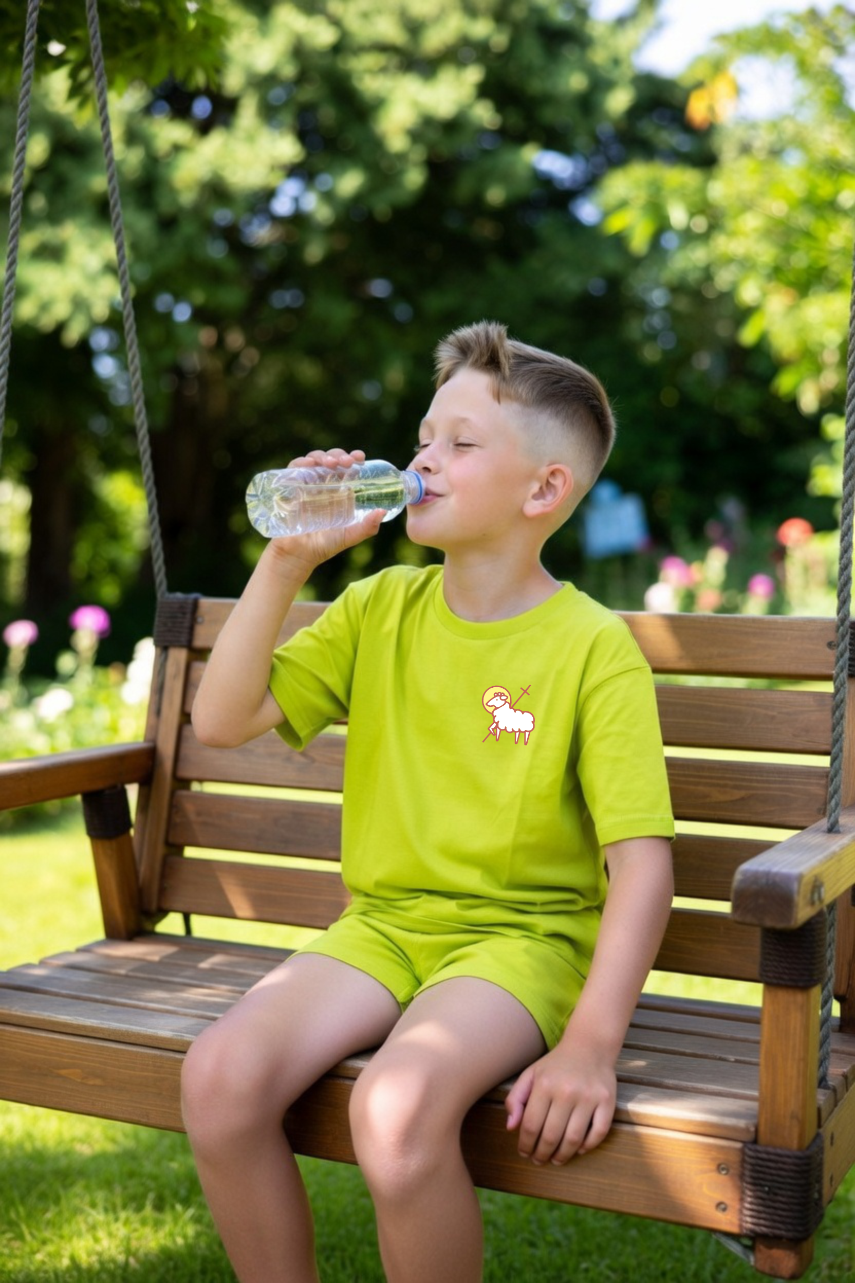 dziecięca zielona koszulka chrześcijańska z nadrukiem Baranek Boży.png