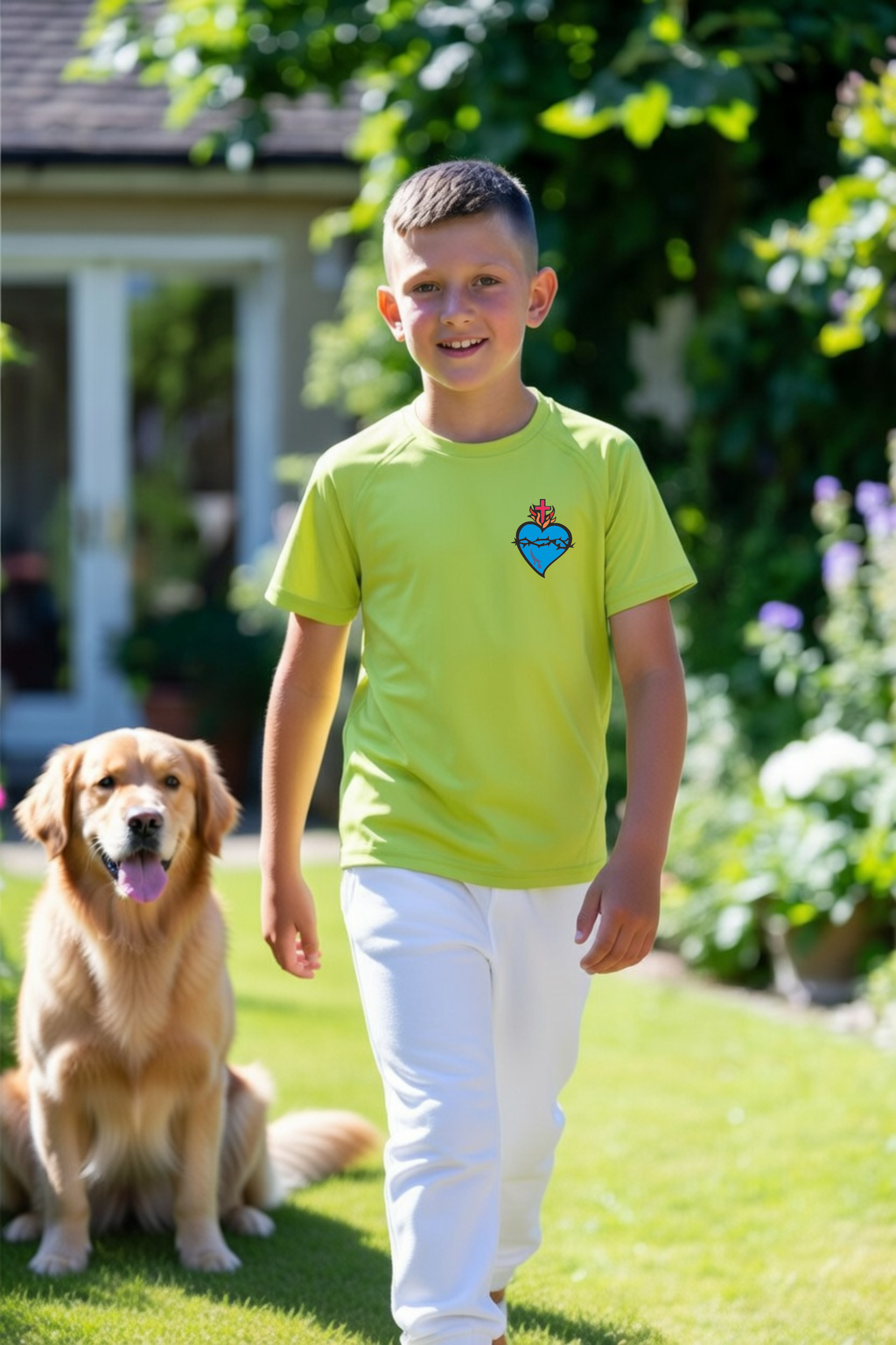 dziecięca zielona koszulka chrześcijańska z nadrukiem niebieskie serce Pana Jezusa.png