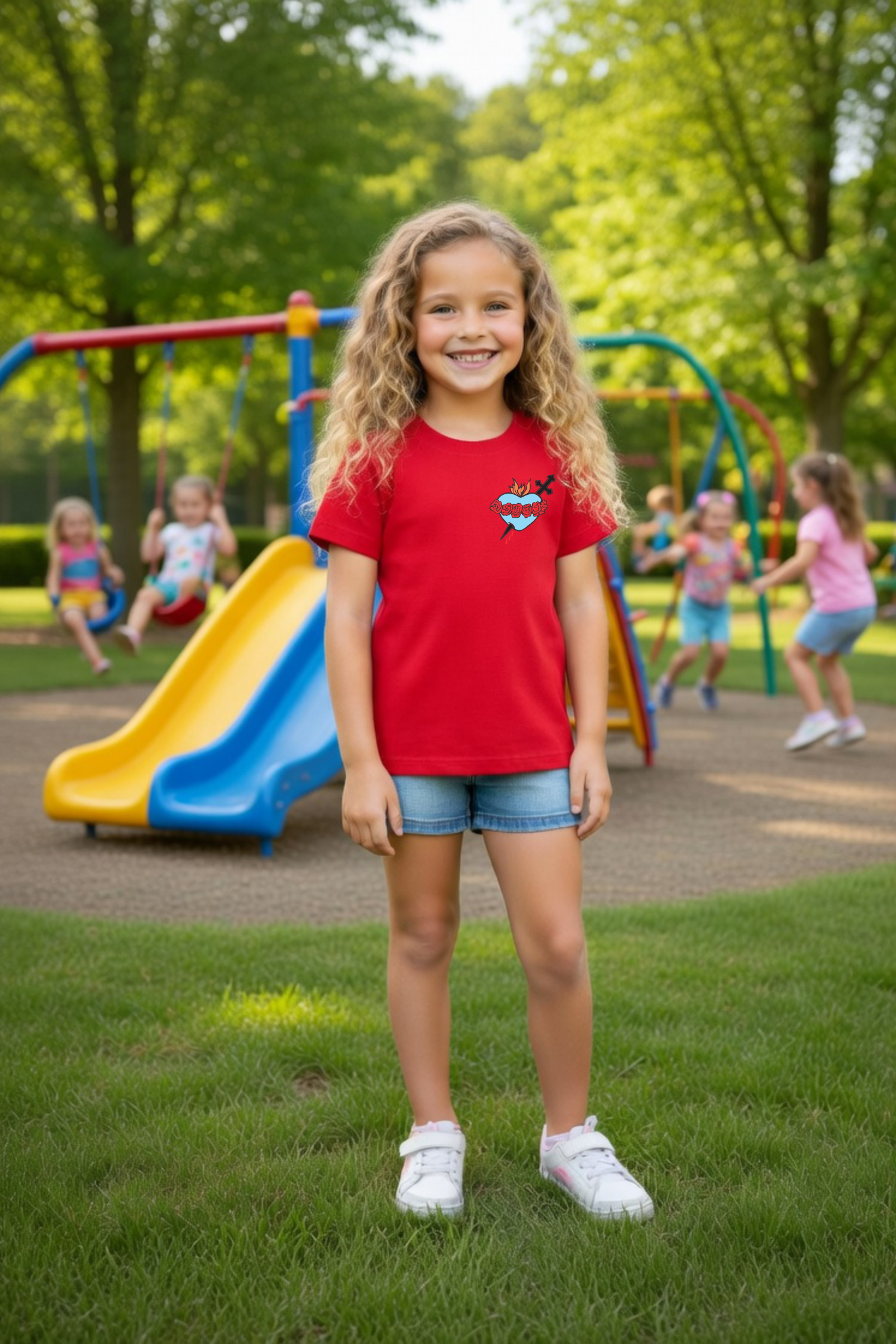 dziecięca czerwona koszulka chrześcijańska z nadrukiem niepokalane serce maryi.png