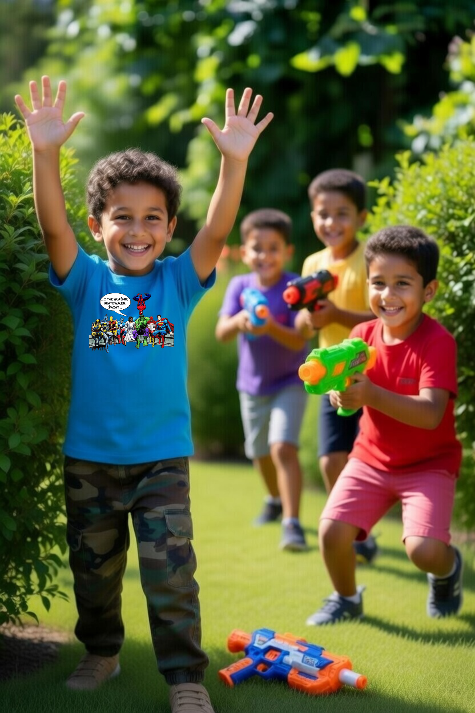 dziecięca niebieska koszulka chrześcijańska z nadrukiem i tak właśnie uratowałem świat.png