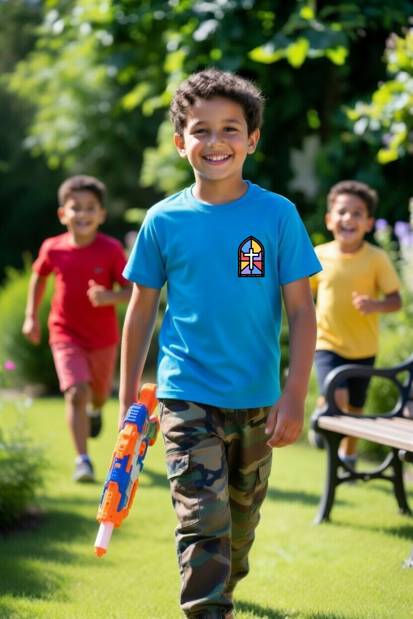 dziecięca niebieskakoszulka chrześcijańska z nadrukiem witraż.png