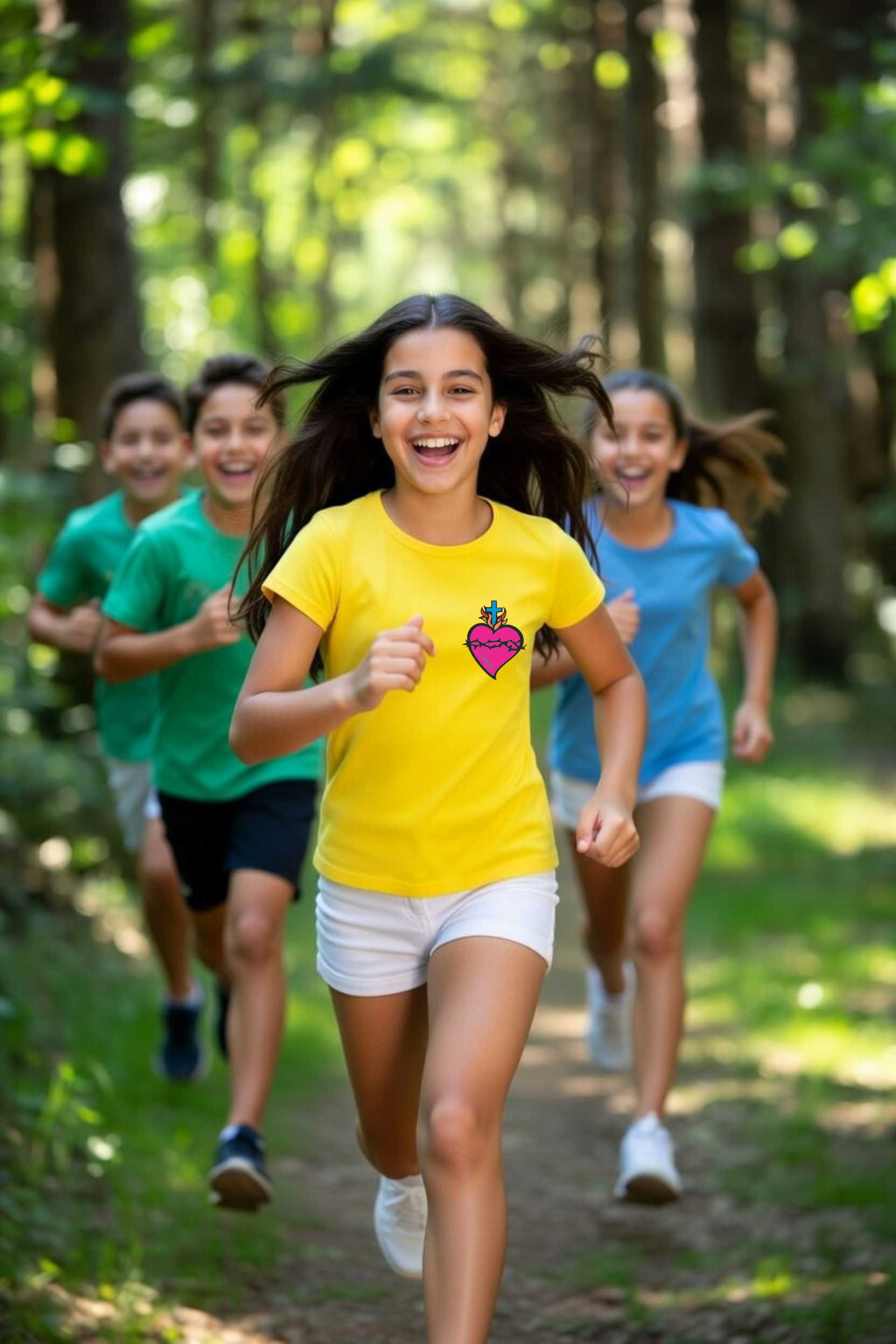 dziecięca żółta koszulka chrześcijańska z nadrukiem różowe serce Pana Jezusa.png