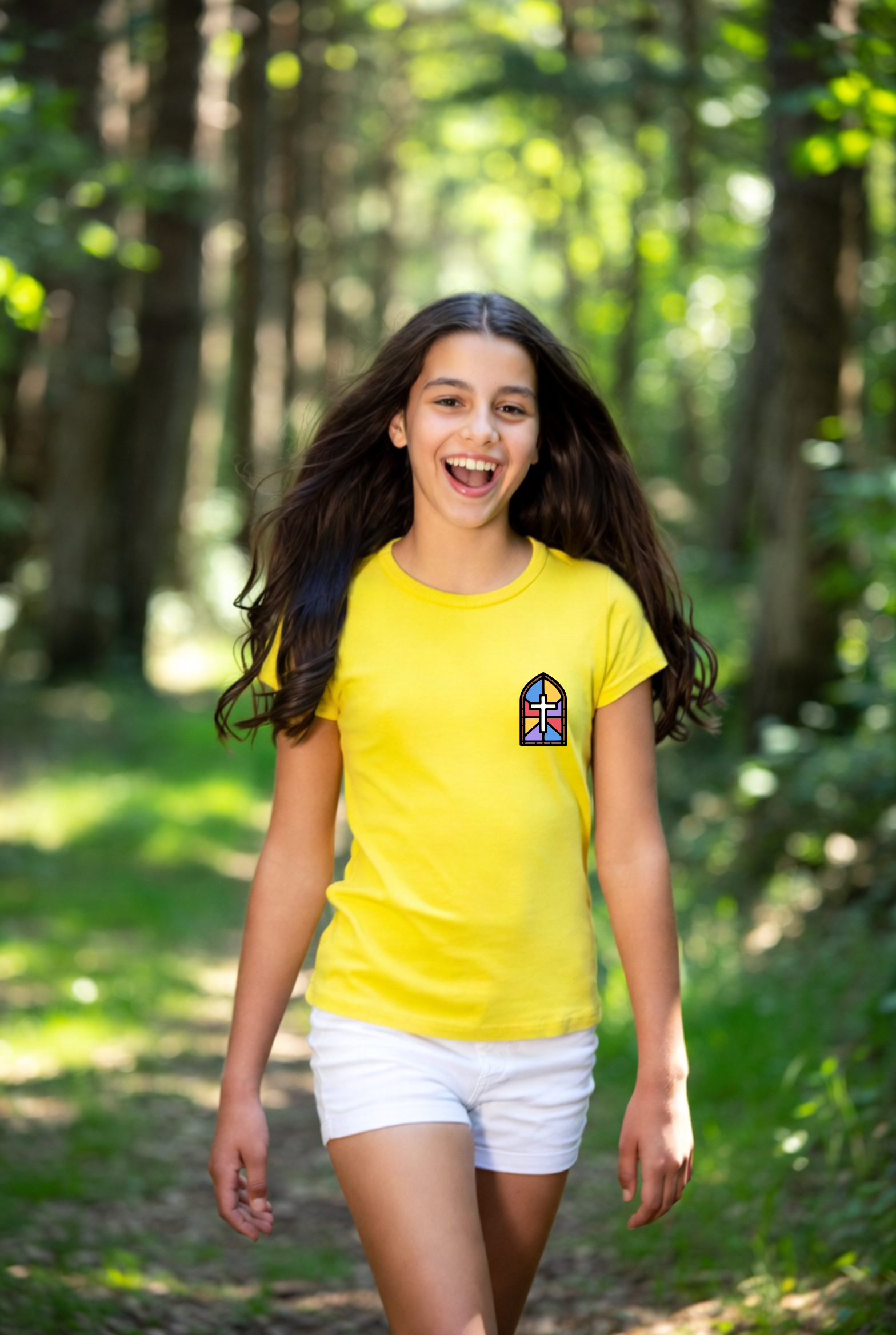 dziecięca żółta koszulka chrześcijańska z nadrukiem witraż.png