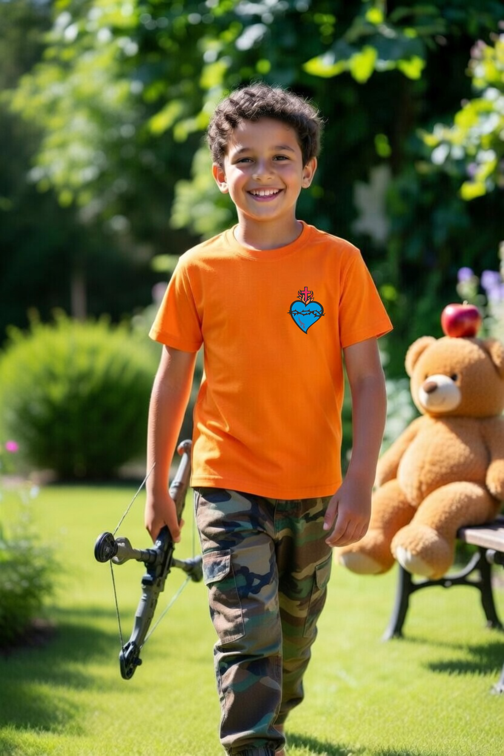 dziecięca pomarańczowa koszulka chrześcijańska z nadrukiem niebieskie serce Pana Jezusa.png