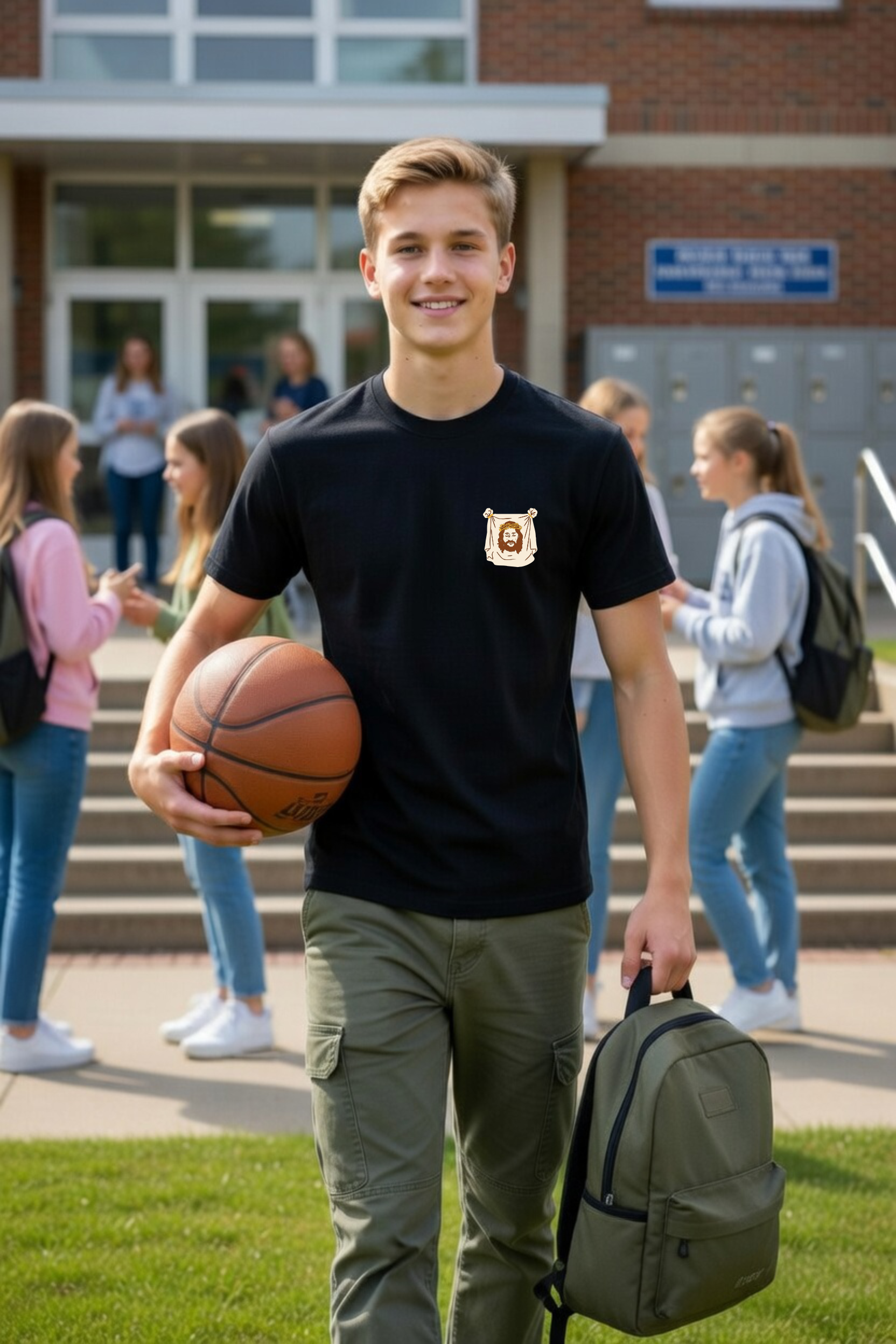 dziecięca czarna koszulka chrześcijańska z nadrukiem chusta manoppello.png