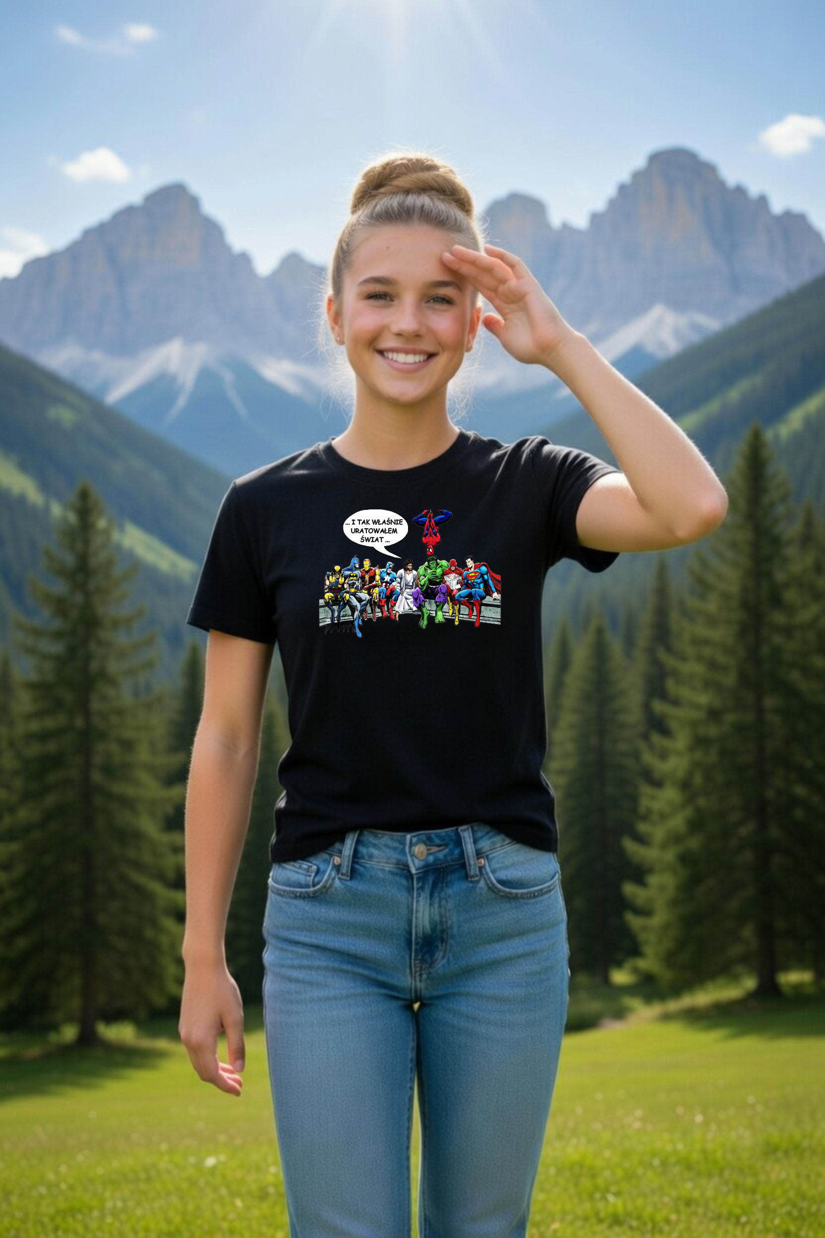 dziecięca czarna koszulka chrześcijańska z nadrukiem i tak właśnie uratowałem świat.png