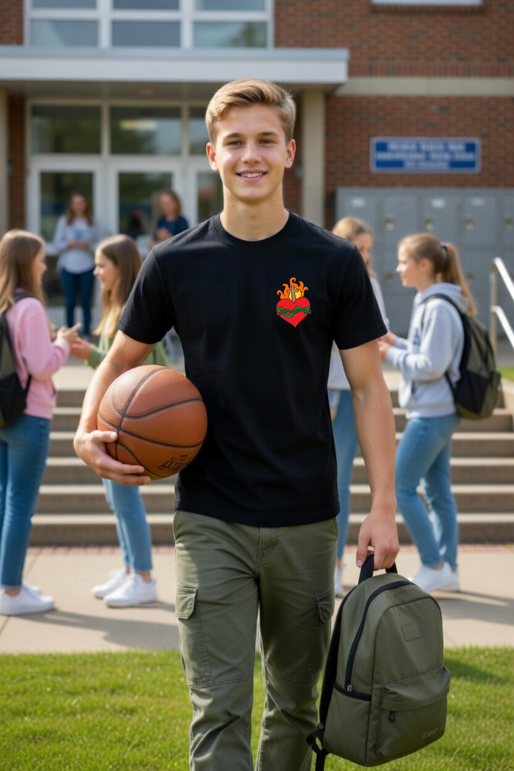 dziecięca czarna koszulka chrześcijańska z nadrukiem najświętsze serce Pana Jezusa.png