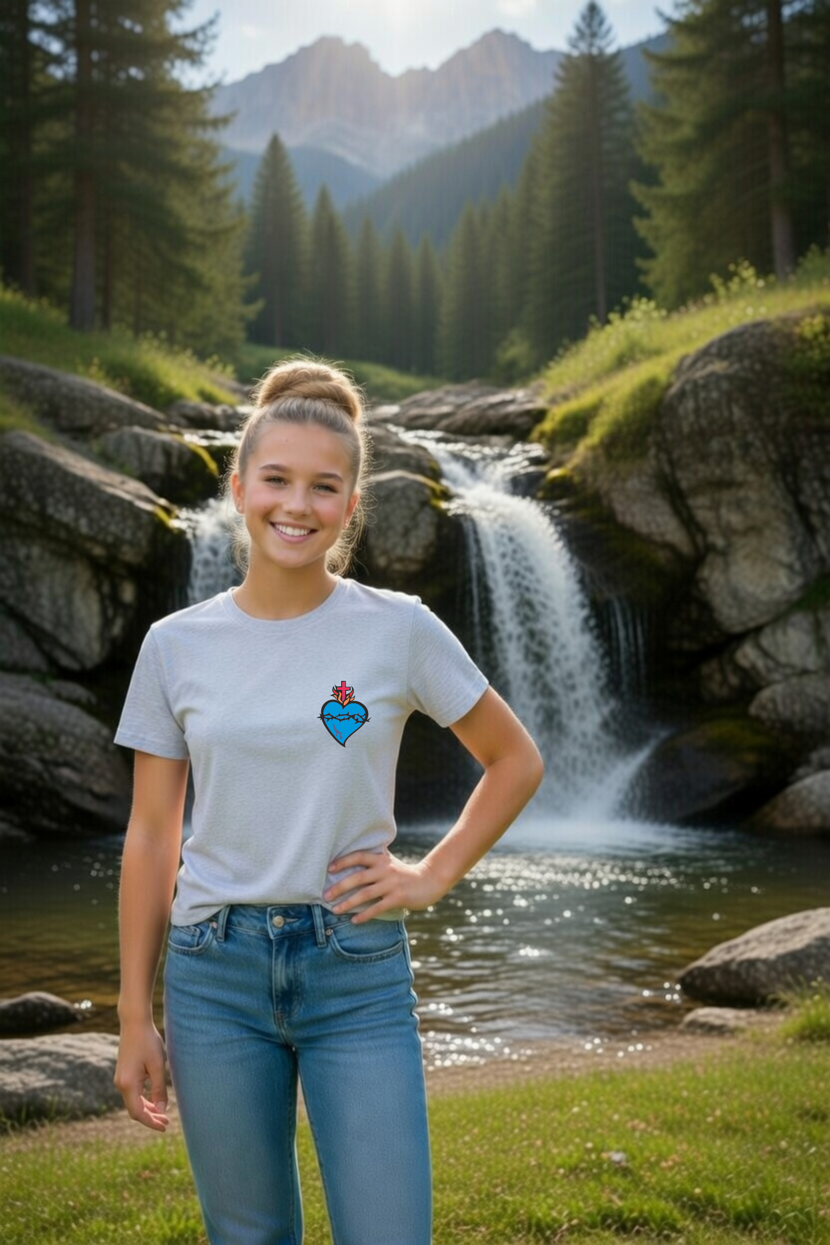 dziecięca szara koszulka chrześcijańska z nadrukiem niebieskie serce Pana Jezusa.png