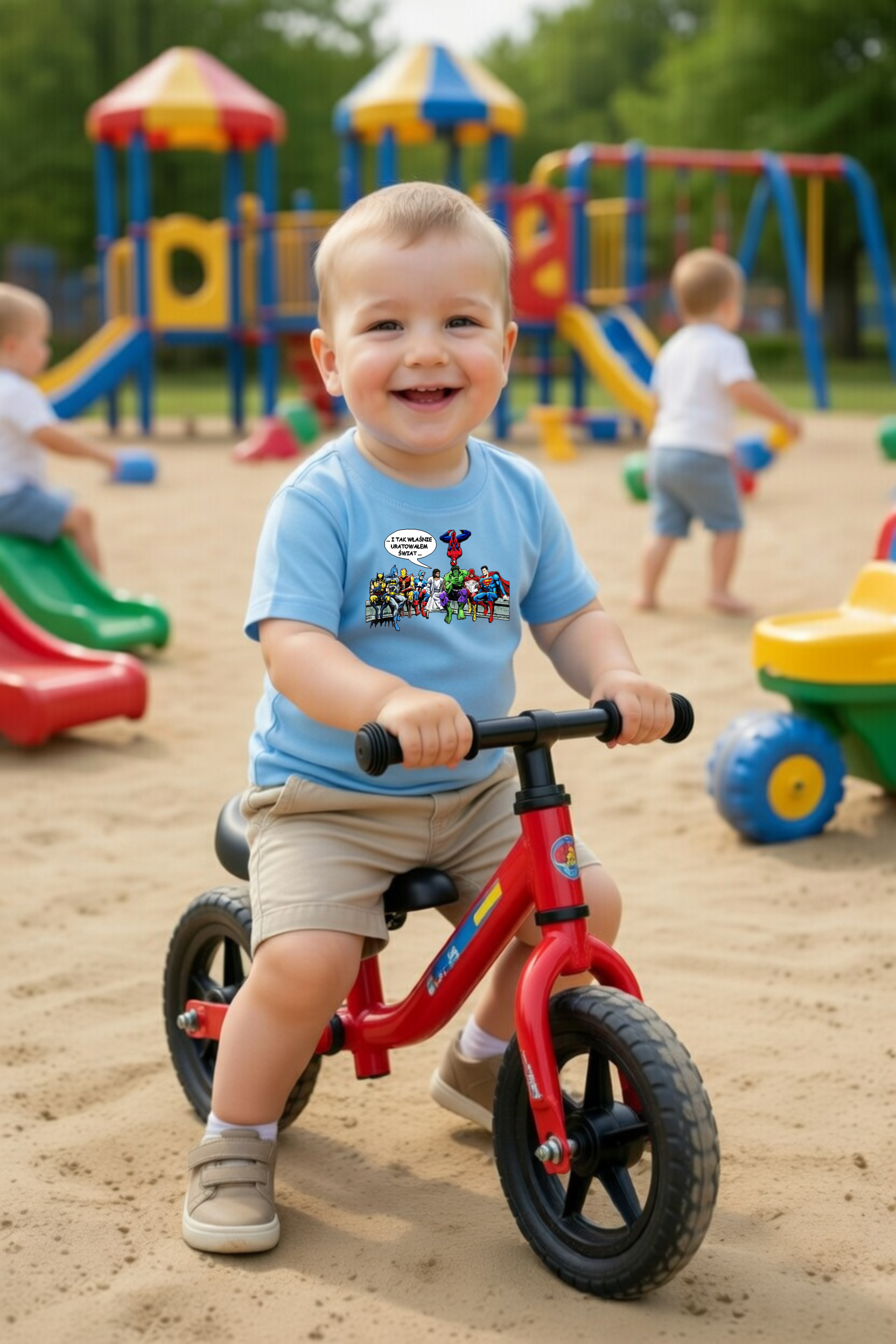 dziecięca błękitna koszulka chrześcijańska z nadrukiem i tak właśnie uratowałem świat.png