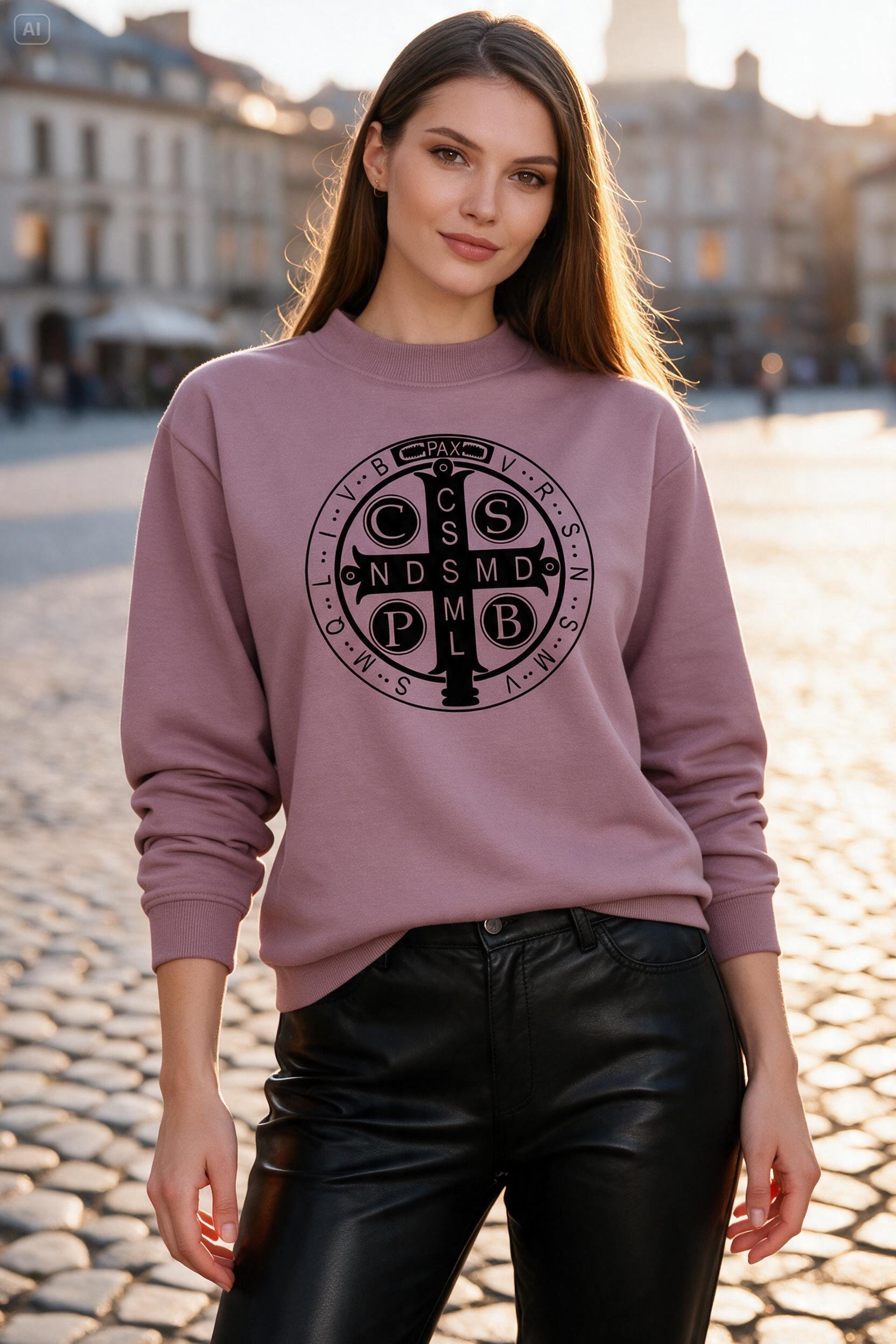 chrześcijańska bluza damska brudny roz medalik swietego benedykta.png.jpeg