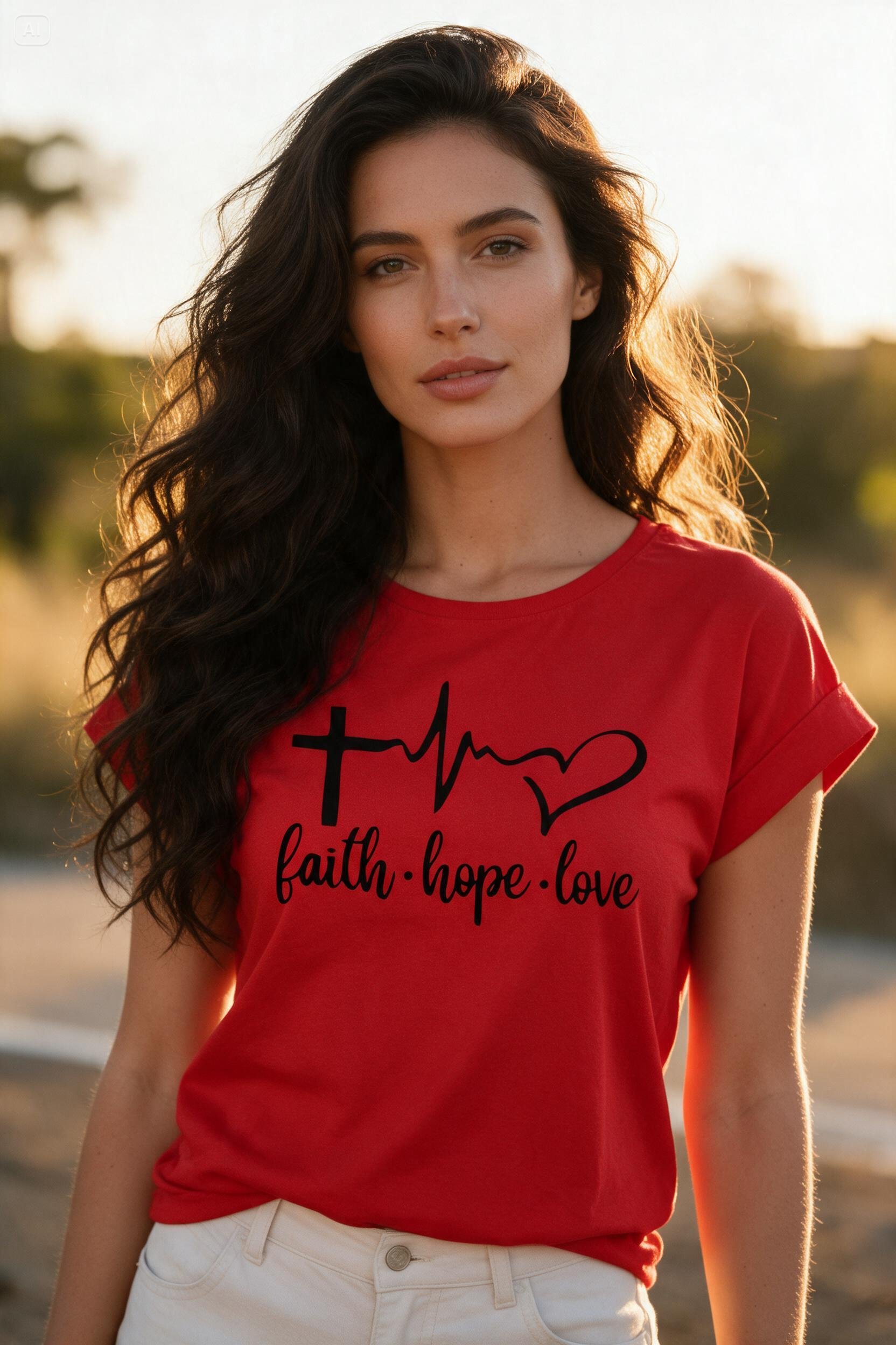 Chrześcijańska, katolicka religijna czerwona koszulka damska wiara nadzieja milosc faith hope love