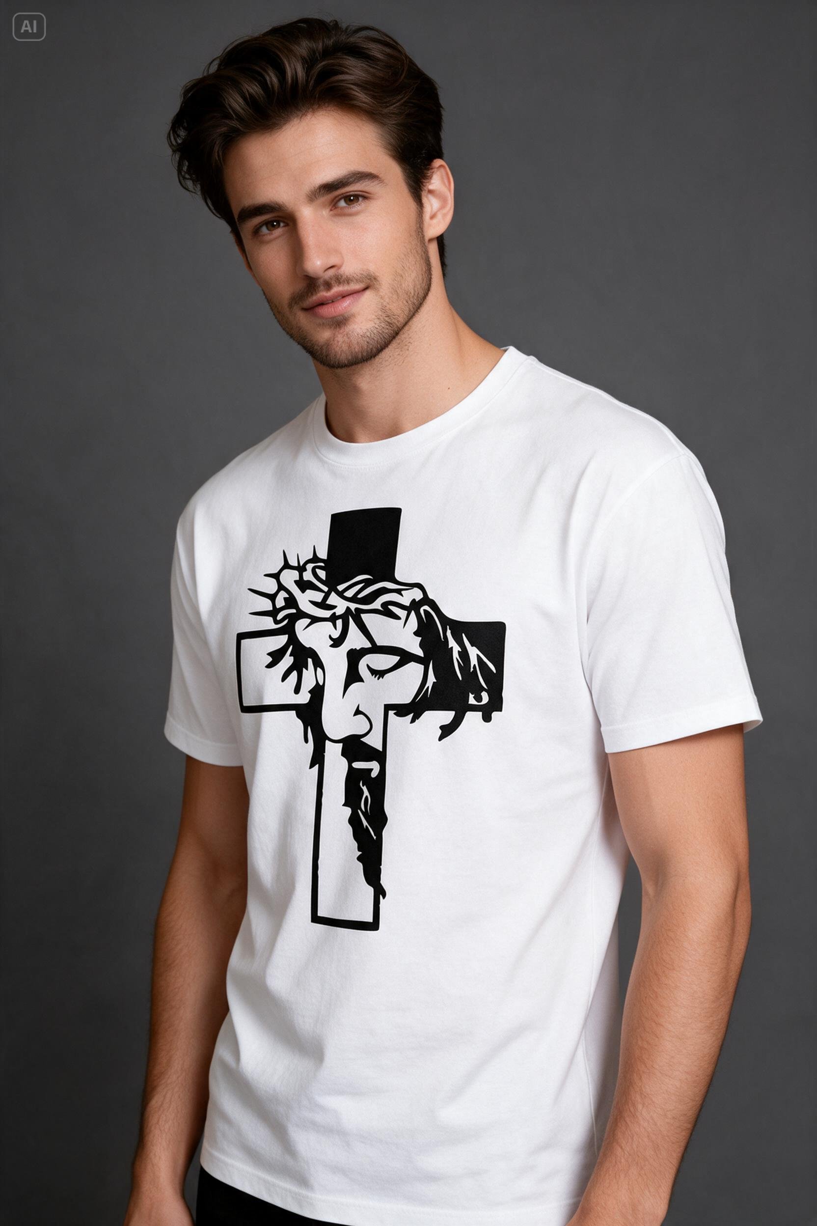 Chrześcijański  katolicki religijny biały T-shirt męski z przesłaniem, twarz chrystusa w krzyżu