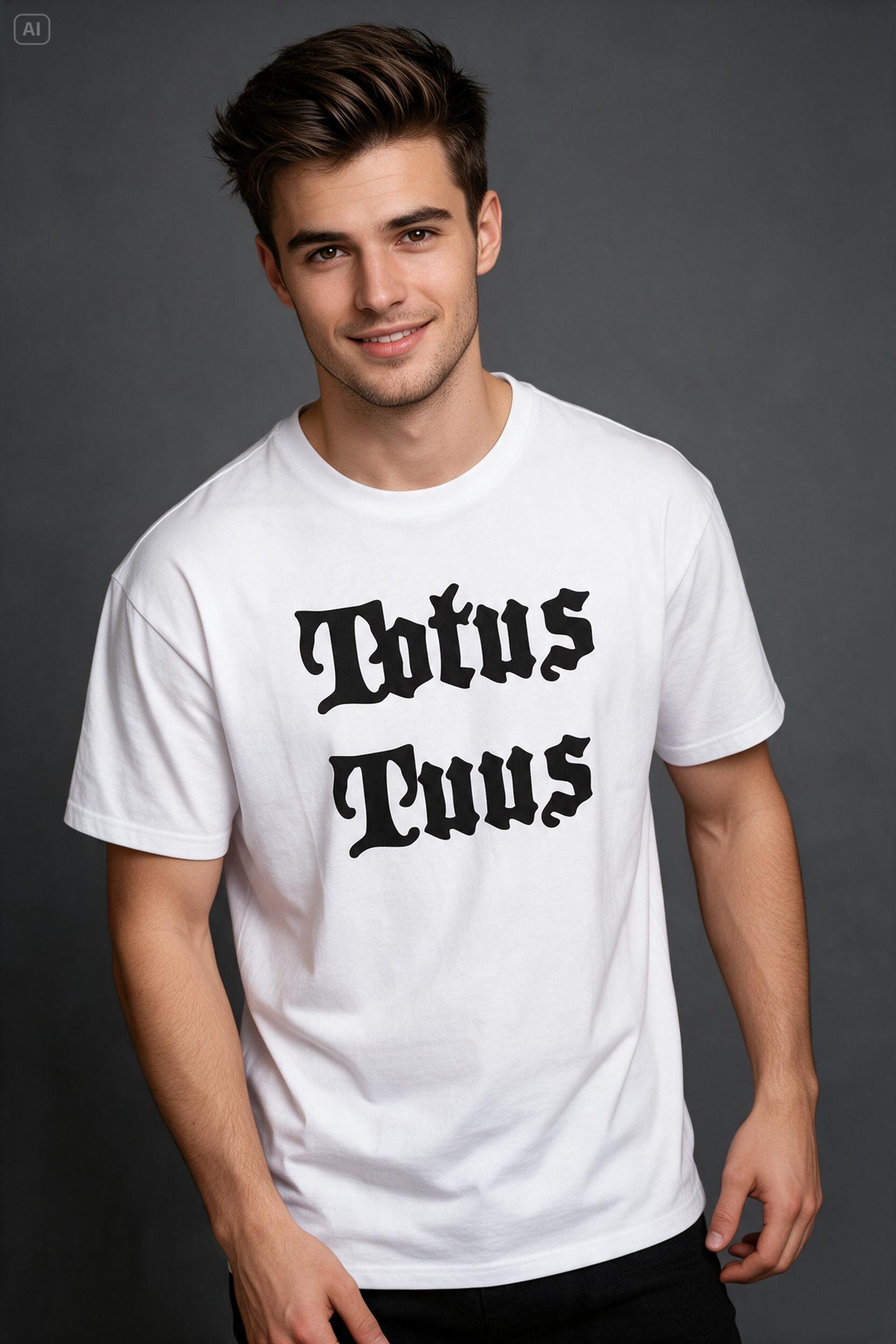 Chrześcijański katolicki religijny biały T-shirt męski z przesłaniem totus tuus cały twój