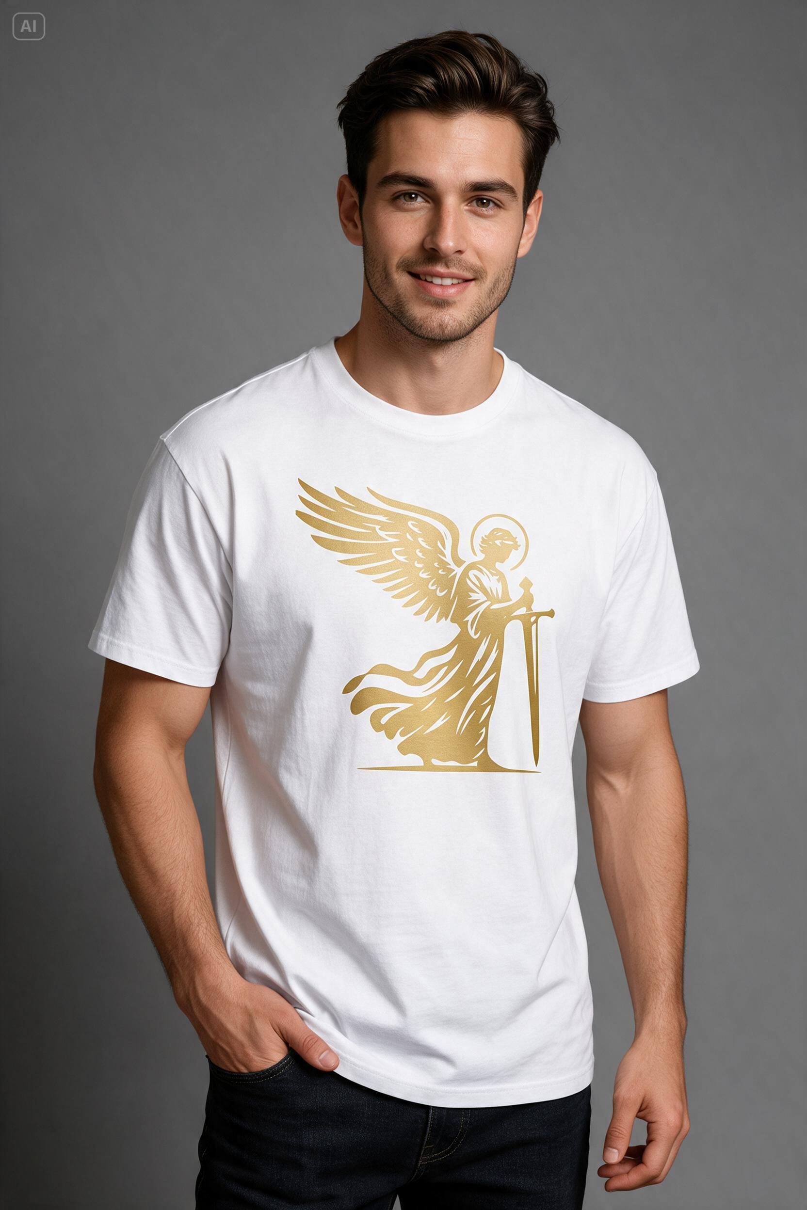Chrześcijański katolicki religijny biały T-shirt męski z przesłaniem michał archanioł